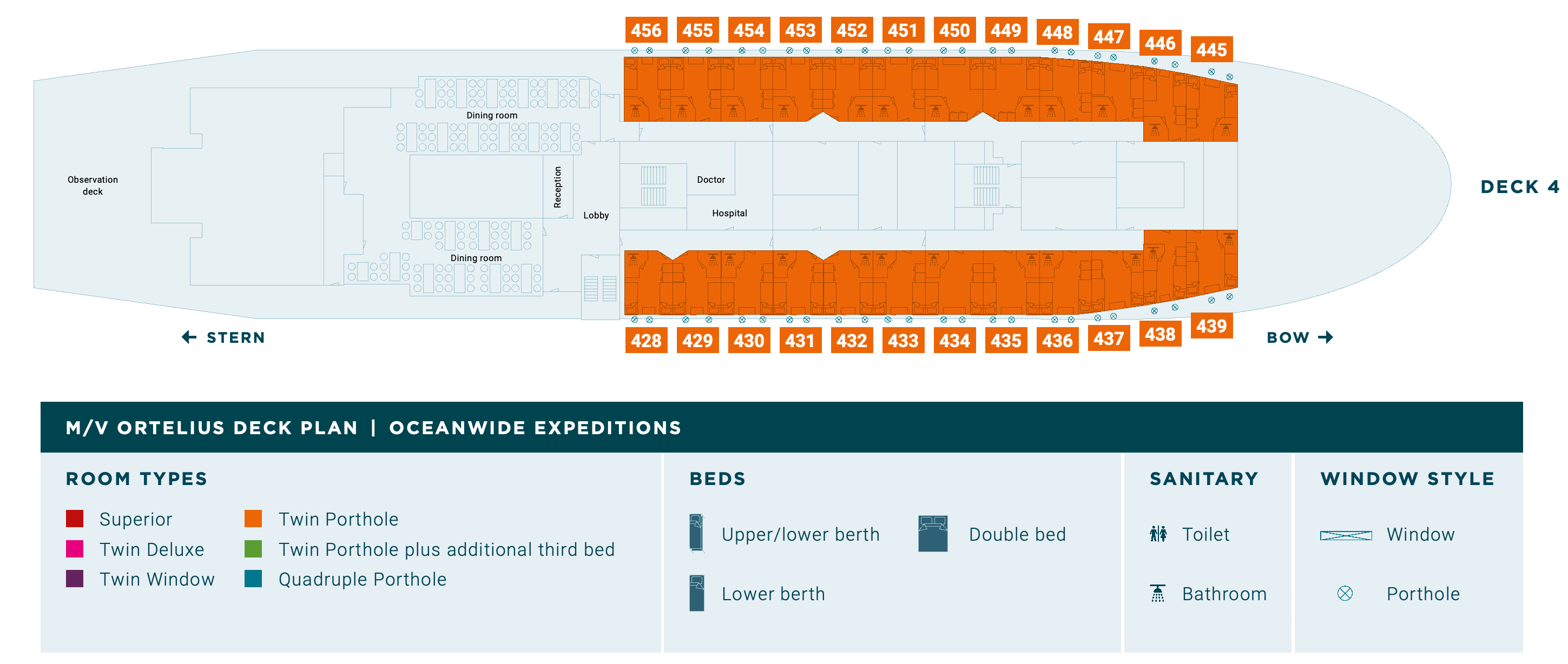 Ortelius, Deck 4: official cabin and venue layout