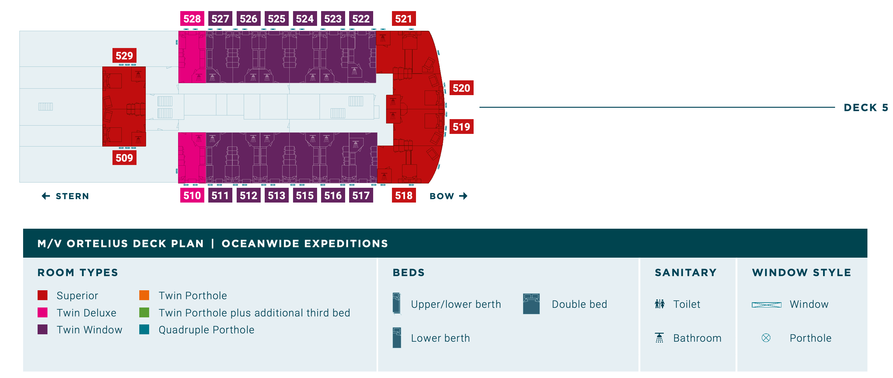 Ortelius, Deck 5: official cabin and venue layout
