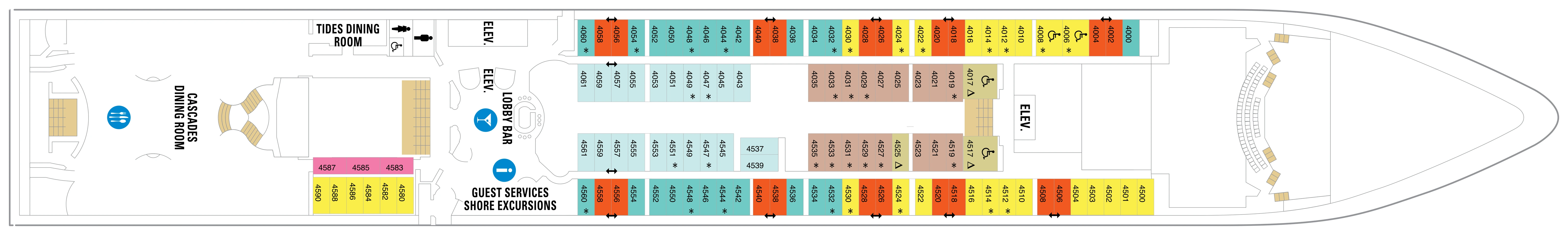 Radiance of the Seas, Deck 4: official cabin and venue layout