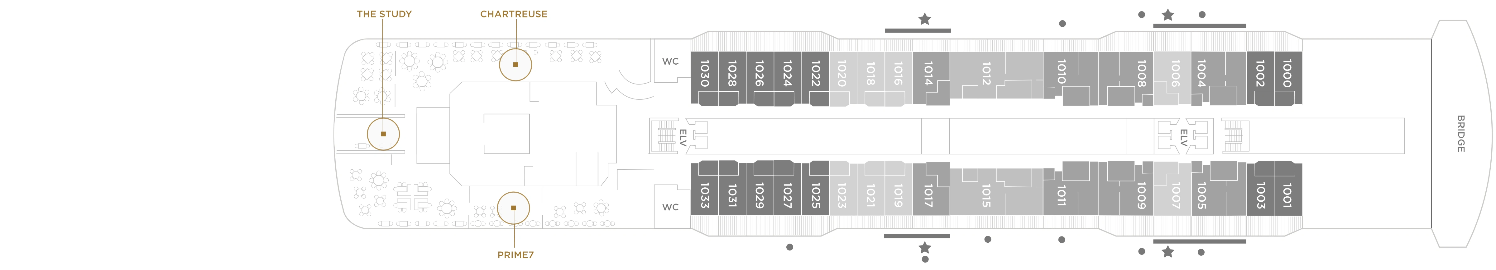 Seven Seas Explorer, Deck 10: official cabin and venue layout