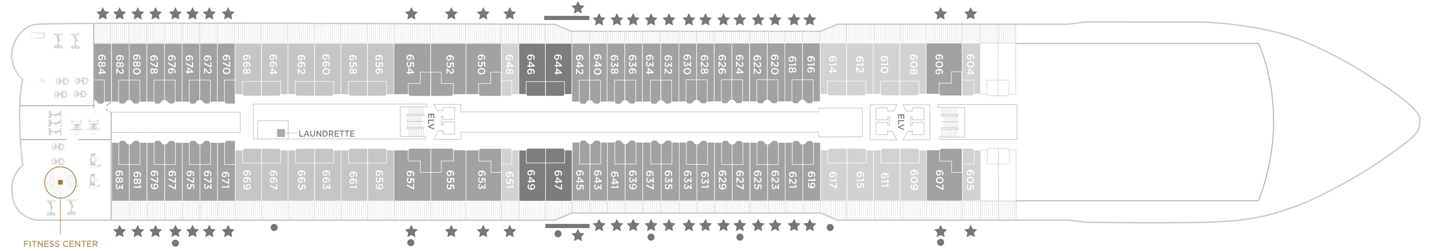 Seven Seas Explorer, Deck 6: official cabin and venue layout