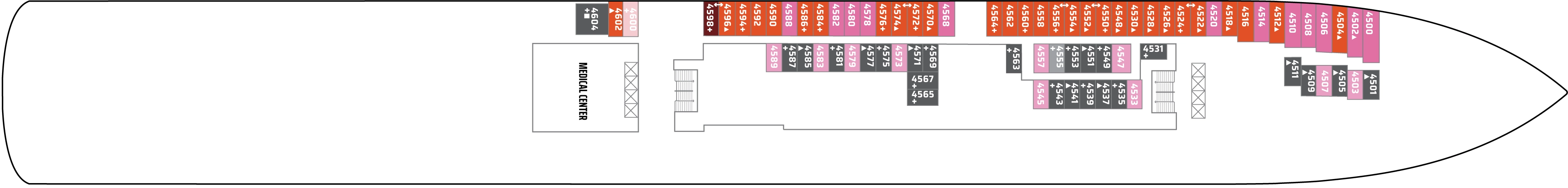 Norwegian Jewel, Deck 4: official cabin and venue layout