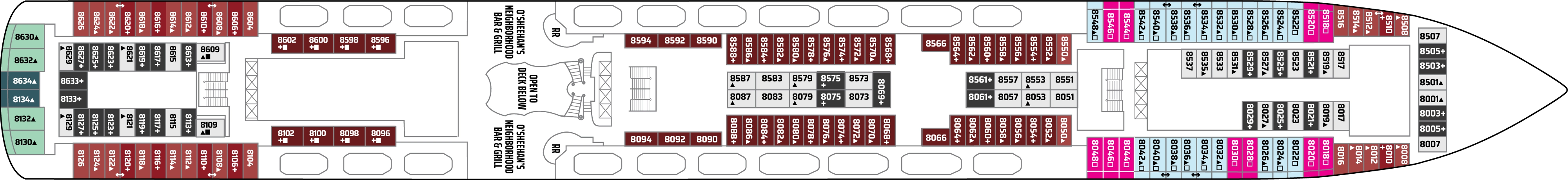 Norwegian Jewel, Deck 8: official cabin and venue layout