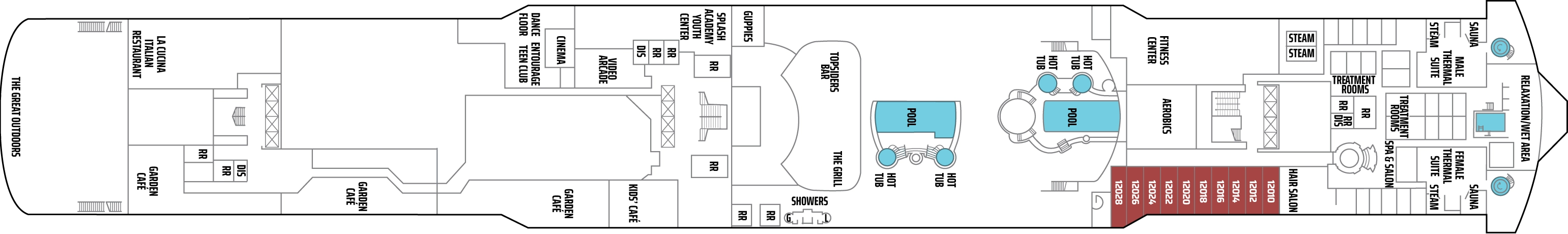 Norwegian Jewel, Deck 12: official cabin and venue layout