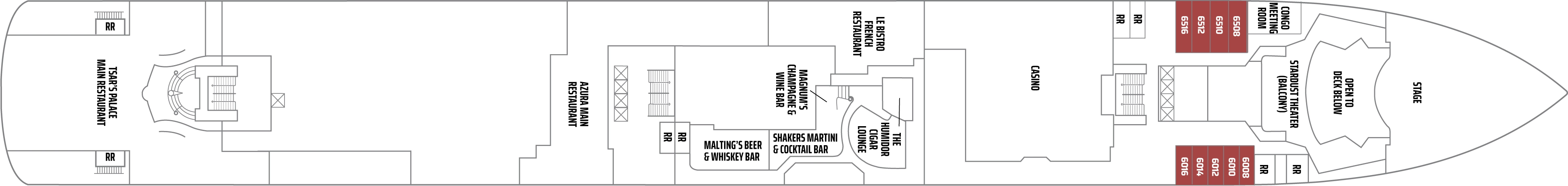 Norwegian Jewel, Deck 6: official cabin and venue layout
