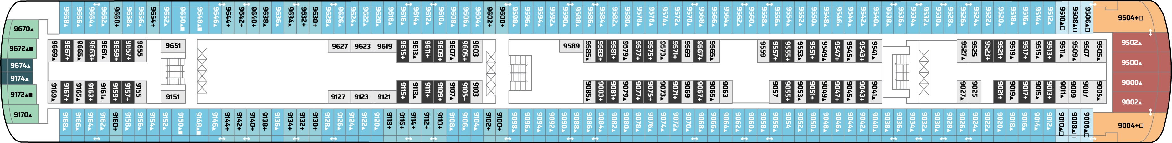 Norwegian Jewel, Deck 9: official cabin and venue layout