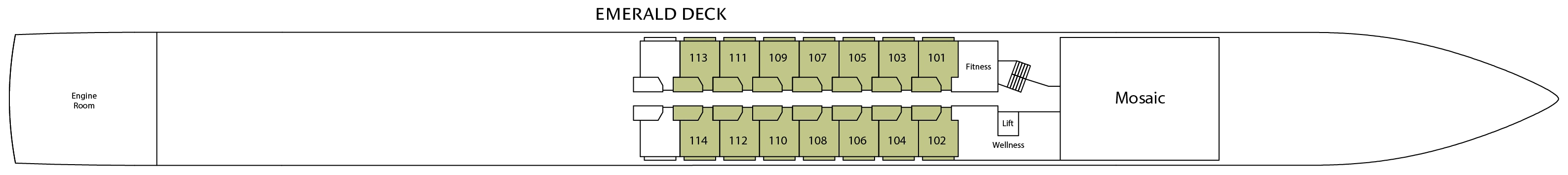 Riviera Reflection, Deck 1: official cabin and venue layout