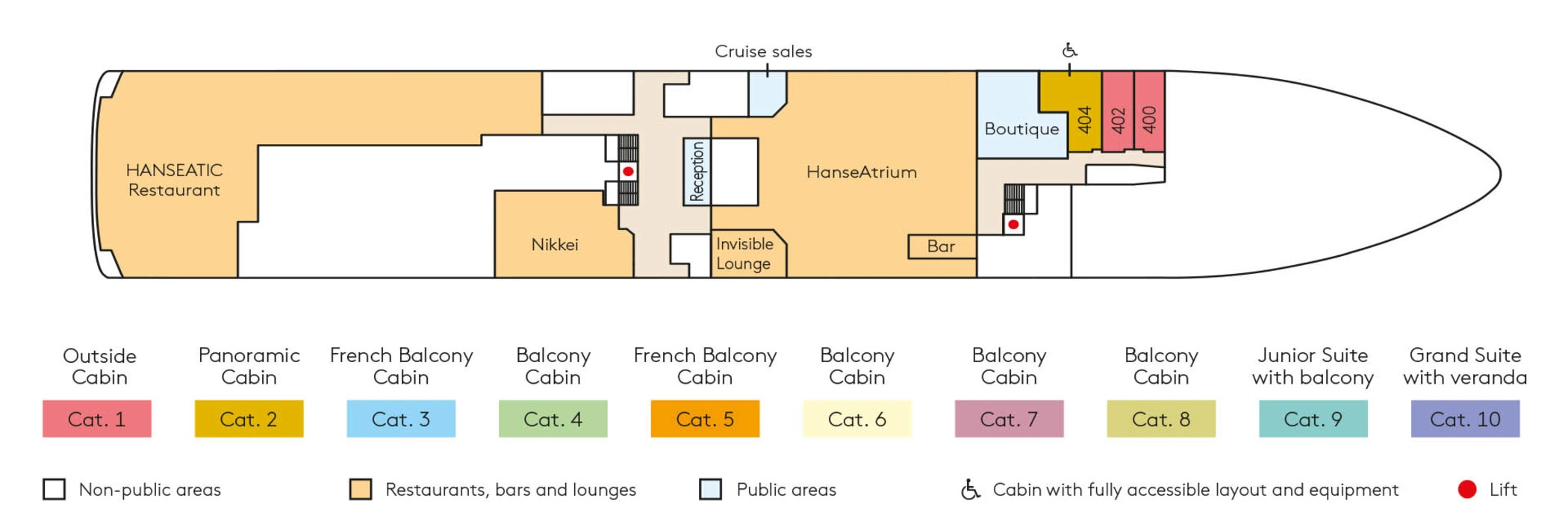 Hanseatic Inspiration, Deck 4: official cabin and venue layout