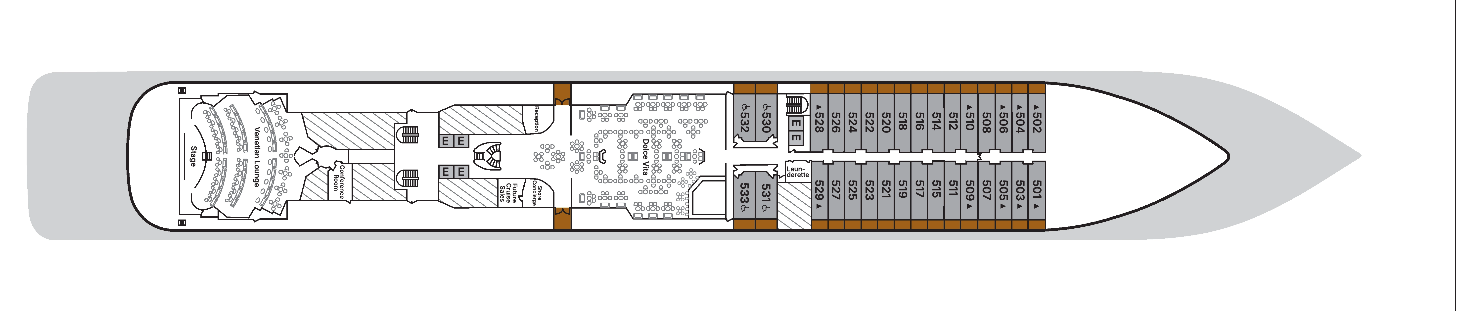 Silver Spirit, Deck 5: official cabin and venue layout
