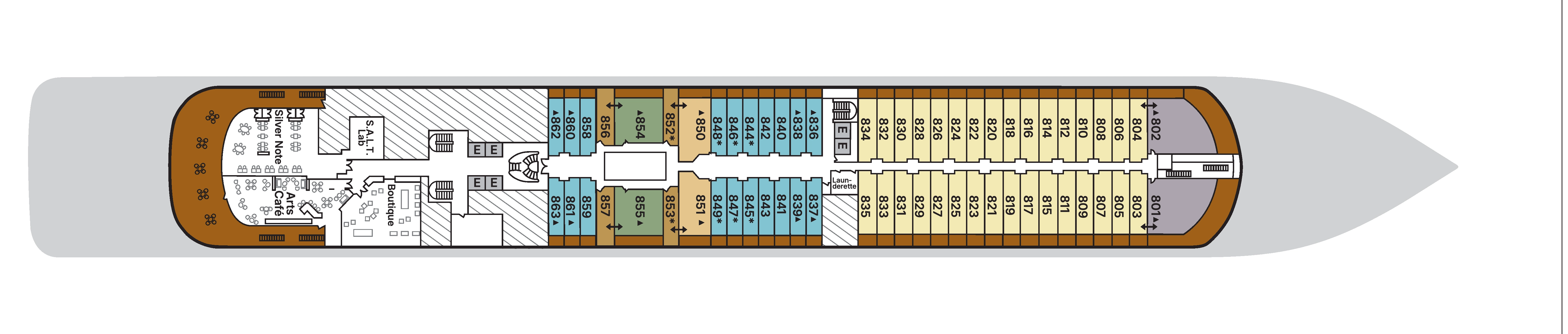 Silver Spirit, Deck 8: official cabin and venue layout