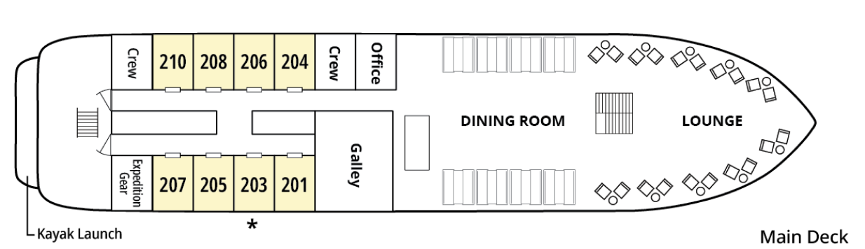 Wilderness Discoverer, Deck 1: official cabin and venue layout