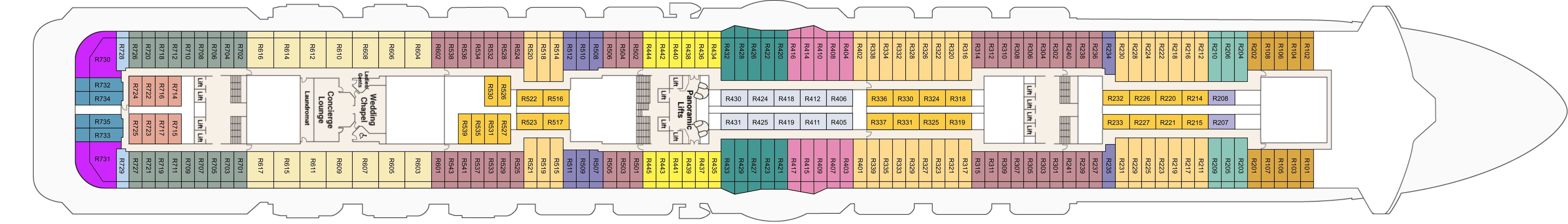 Royal Princess, Deck 14: official cabin and venue layout