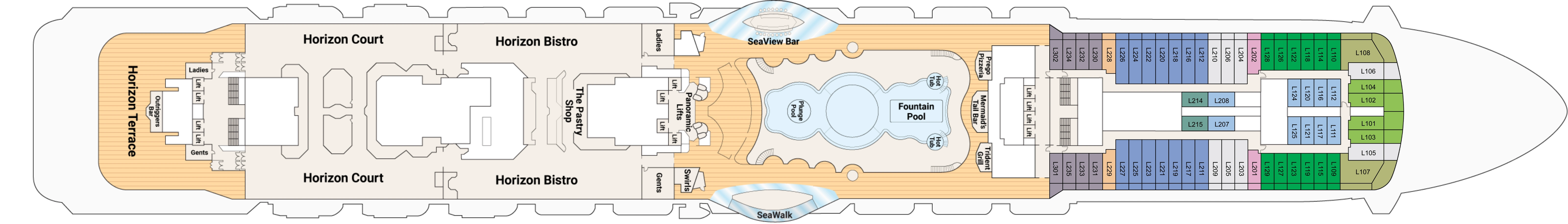 Royal Princess, Deck 16: official cabin and venue layout