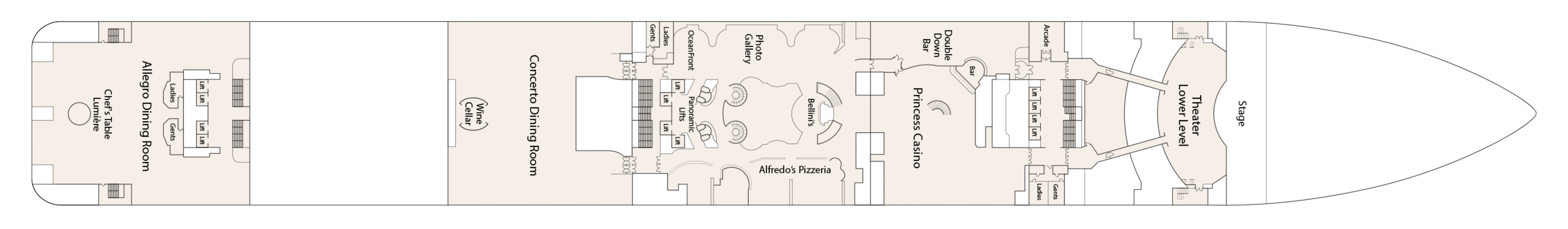 Royal Princess, Deck 6: official cabin and venue layout
