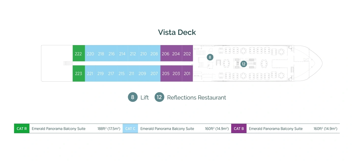 Emerald Radiance, Deck 2: official cabin and venue layout