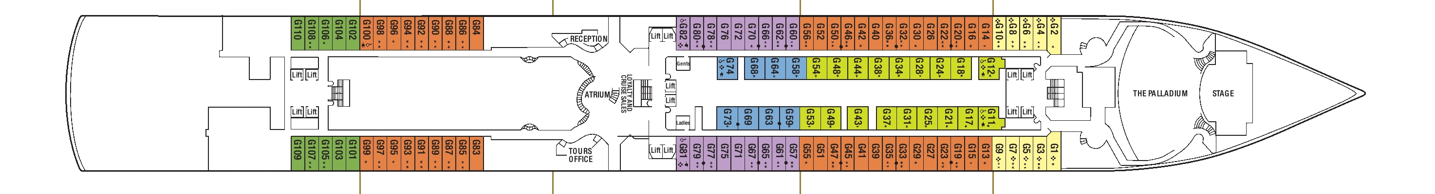 Arcadia, Deck 1: official cabin and venue layout