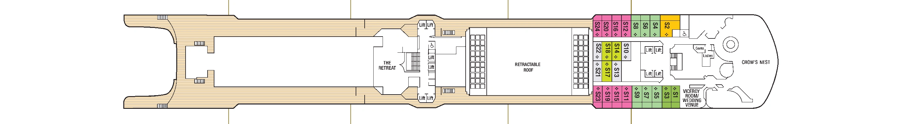 Arcadia, Deck 10: official cabin and venue layout