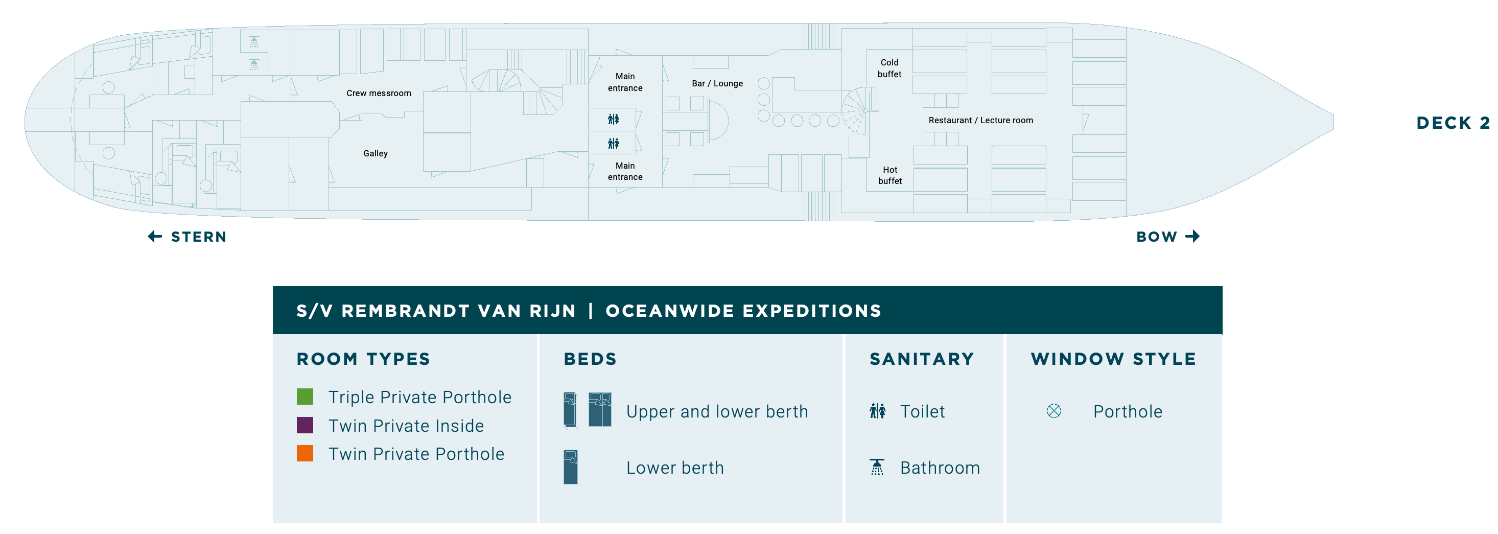 Rembrandt van Rijn, Deck 2: official cabin and venue layout