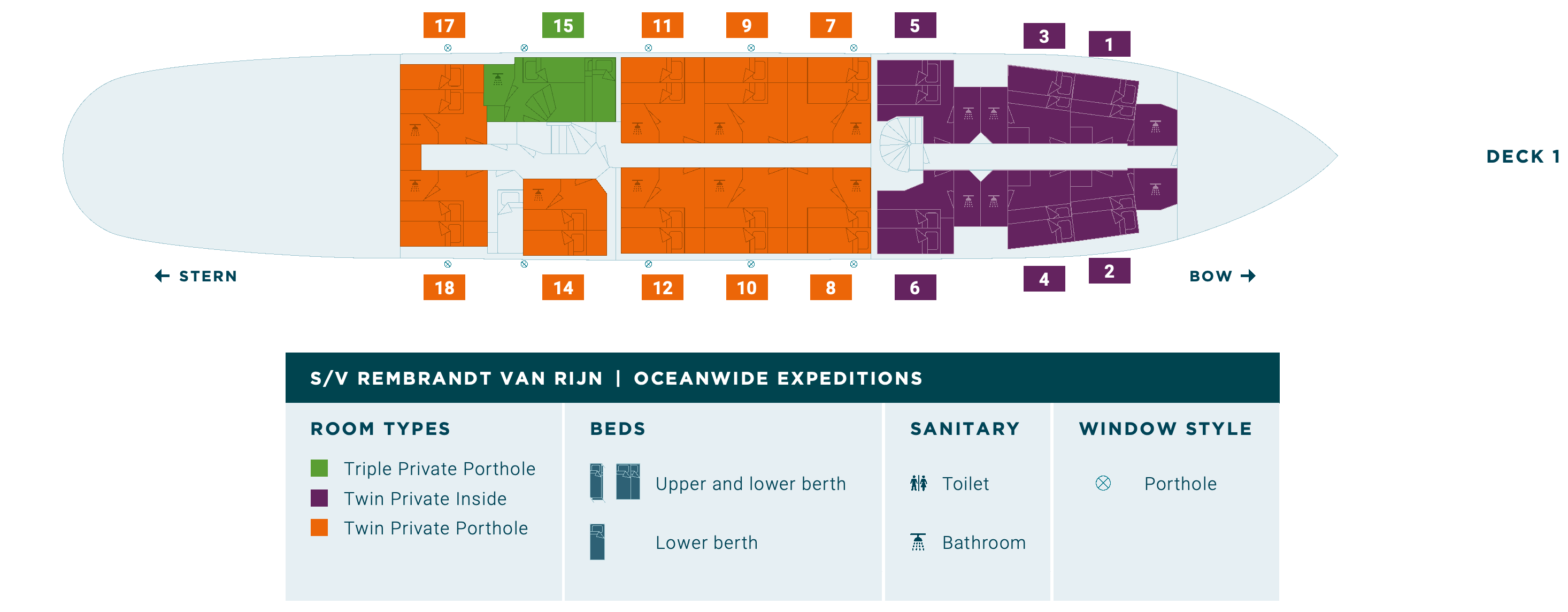 Rembrandt van Rijn, Deck 1: official cabin and venue layout