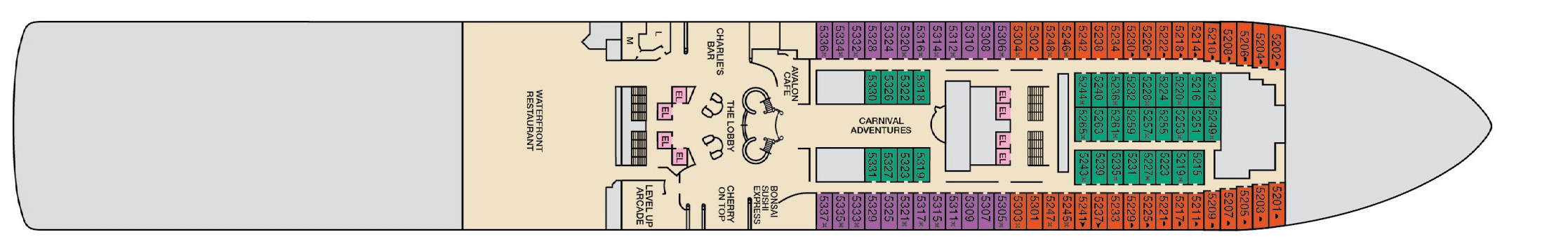 Carnival Encounter, Deck 5: official cabin and venue layout