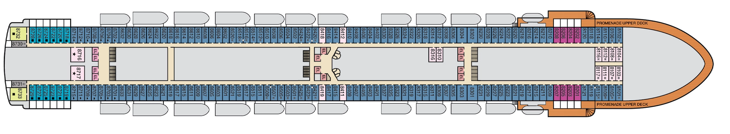 Carnival Encounter, Deck 8: official cabin and venue layout