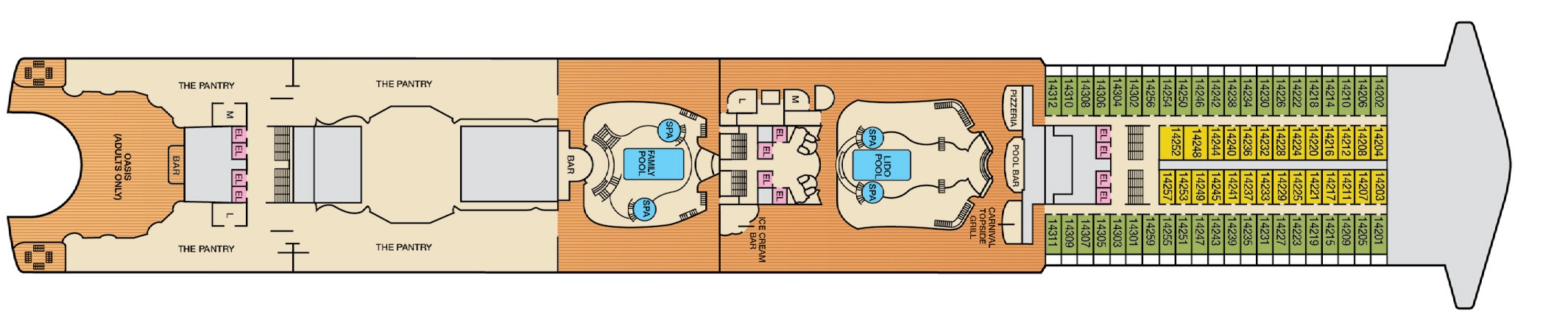 Carnival Encounter, Deck 14: official cabin and venue layout