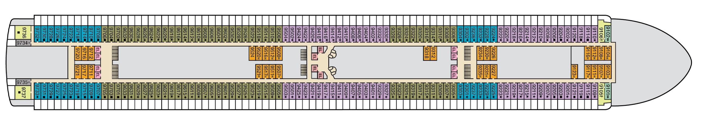 Carnival Encounter, Deck 9: official cabin and venue layout
