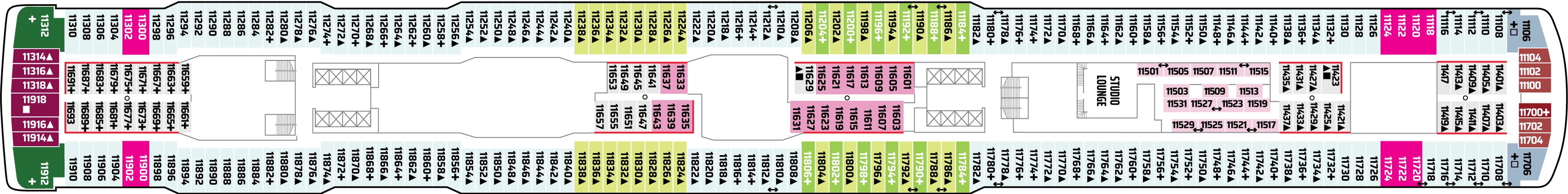 Norwegian Escape, Deck 11: official cabin and venue layout