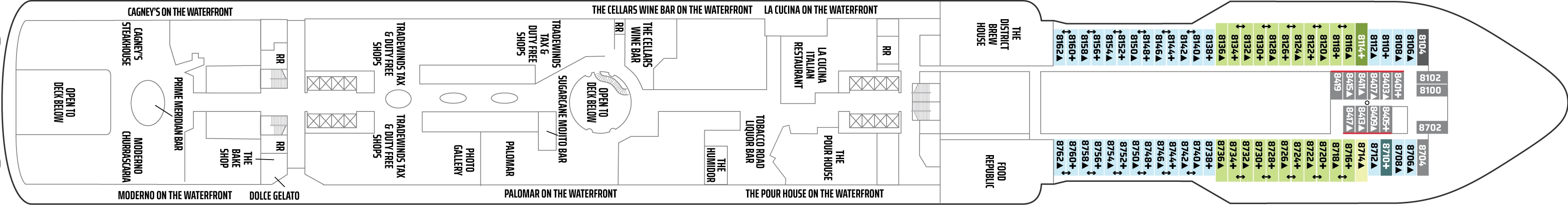 Norwegian Escape, Deck 8: official cabin and venue layout