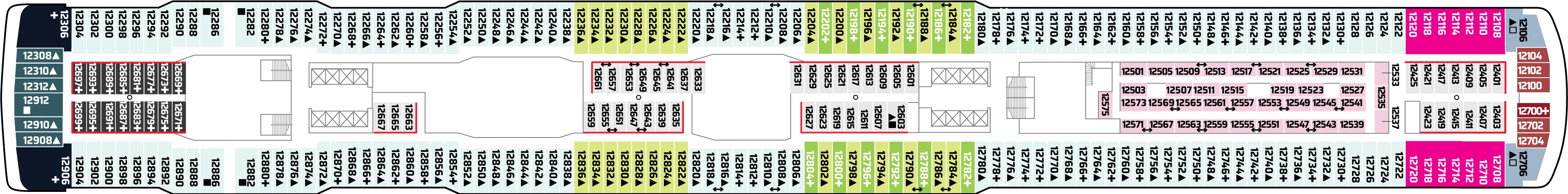 Norwegian Escape, Deck 12: official cabin and venue layout