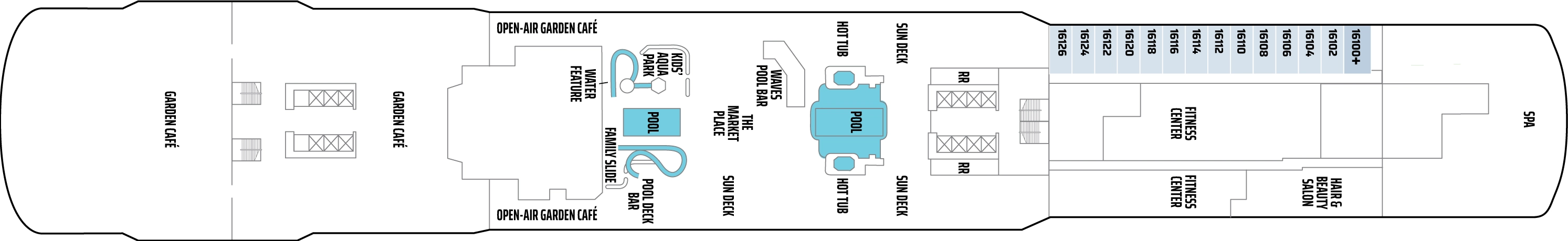 Norwegian Escape, Deck 16: official cabin and venue layout