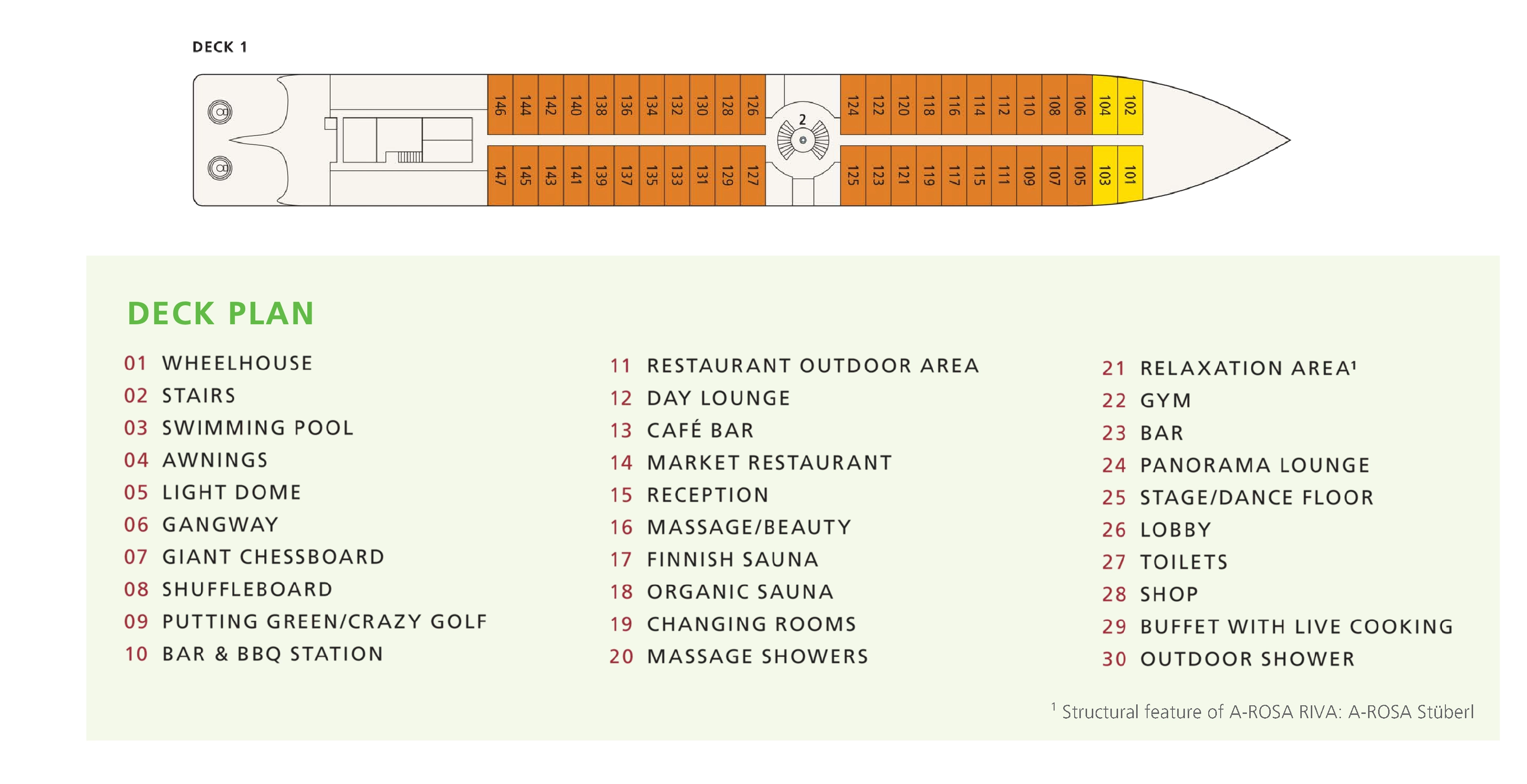 A-ROSA Bella, Deck 1: official cabin and venue layout