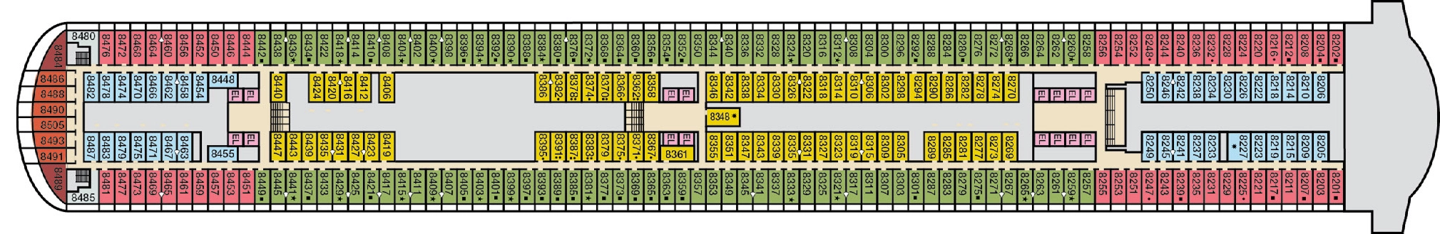 Carnival Firenze, Deck 8: official cabin and venue layout