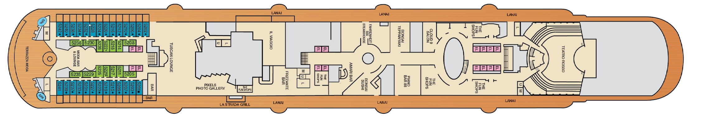 Carnival Firenze, Deck 5: official cabin and venue layout