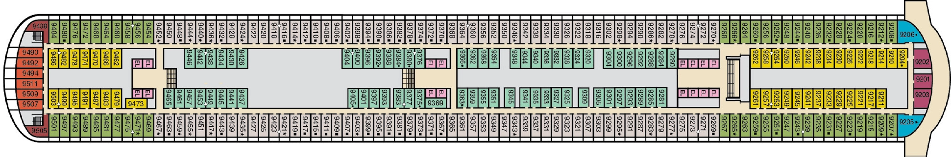 Carnival Firenze, Deck 9: official cabin and venue layout