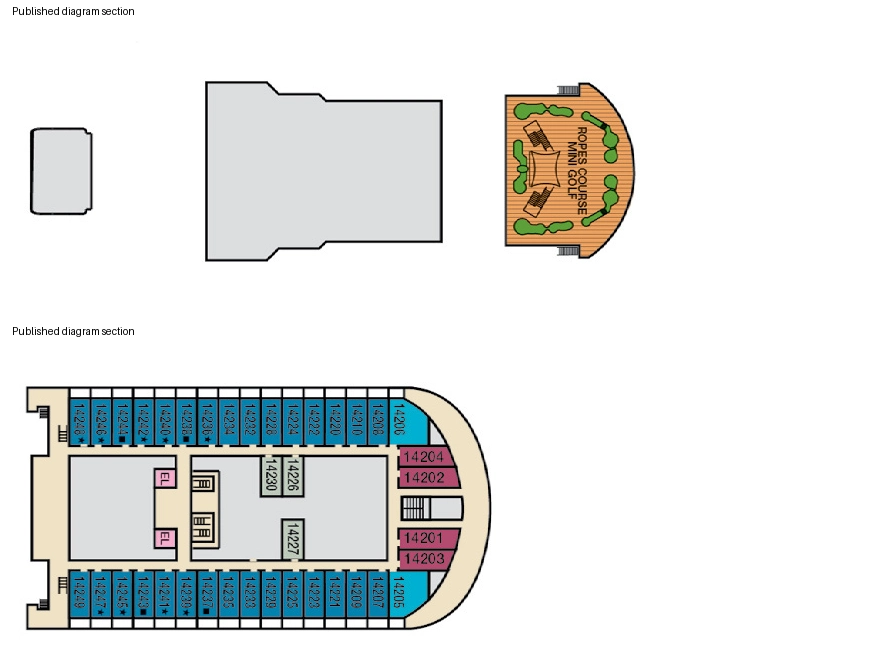 Carnival Firenze, Deck 14: official cabin and venue layout