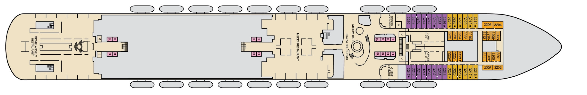 Carnival Firenze, Deck 3: official cabin and venue layout