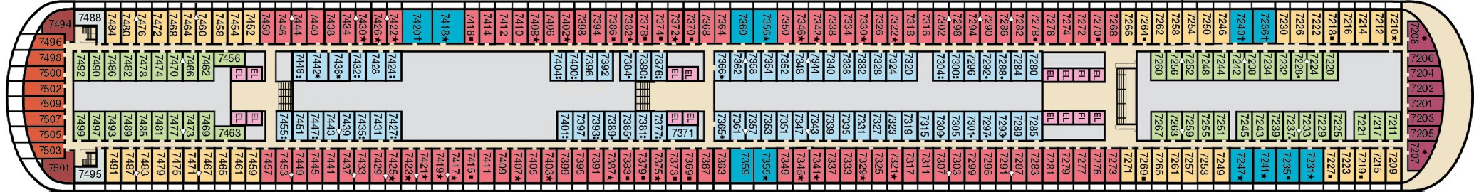 Carnival Firenze, Deck 7: official cabin and venue layout