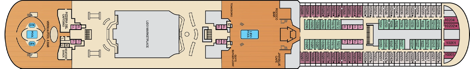 Carnival Firenze, Deck 10: official cabin and venue layout