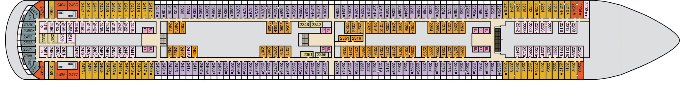 Carnival Firenze, Deck 2: official cabin and venue layout
