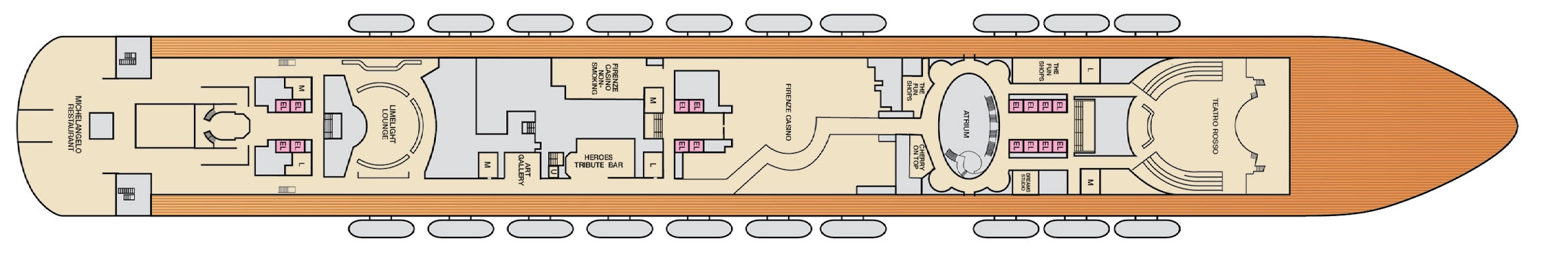 Carnival Firenze, Deck 4: official cabin and venue layout