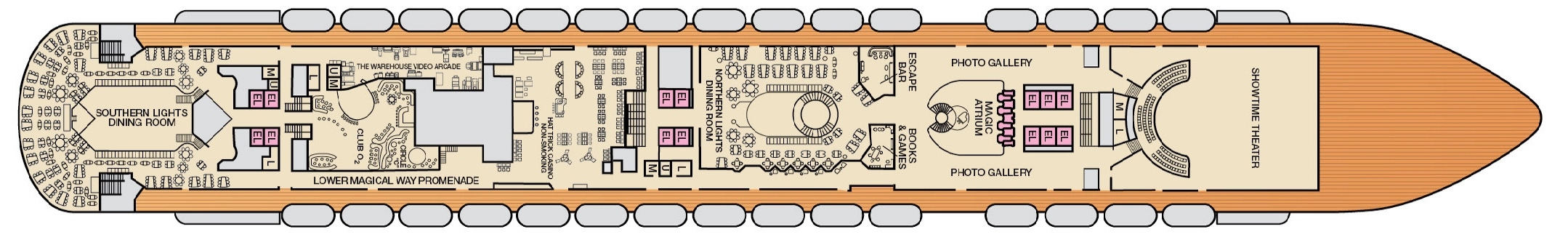 Carnival Magic, Deck 4: official cabin and venue layout