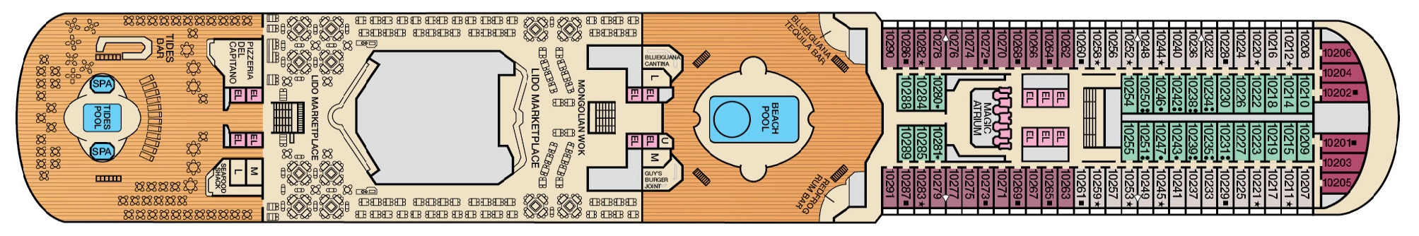 Carnival Magic, Deck 10: official cabin and venue layout