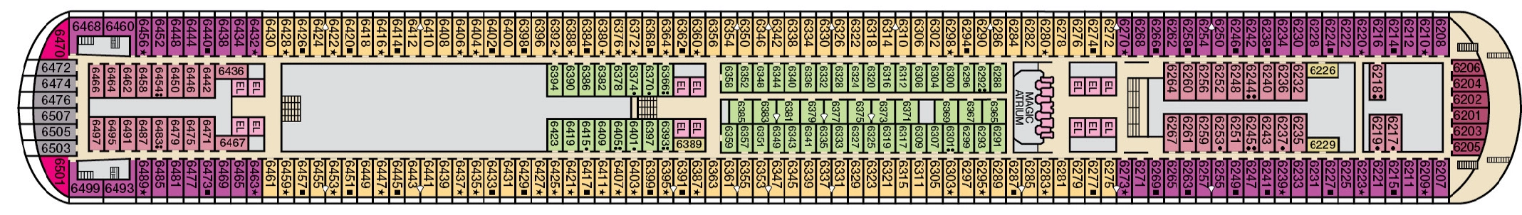 Carnival Magic, Deck 6: official cabin and venue layout