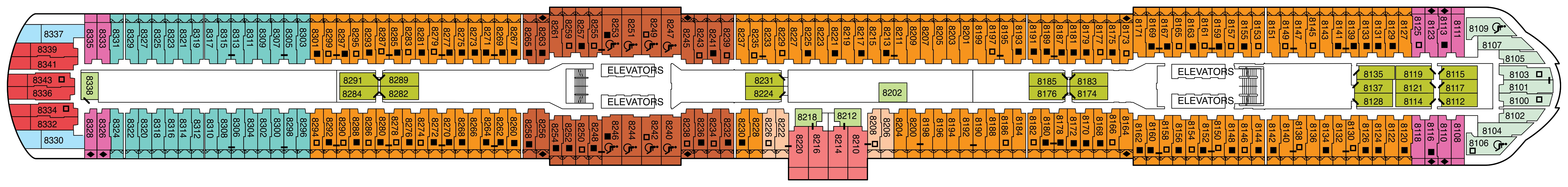 Celebrity Xcel, Deck 8: official cabin and venue layout