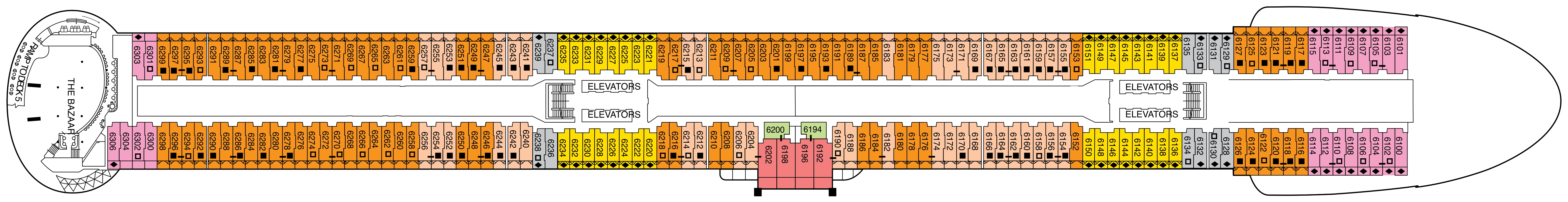Celebrity Xcel, Deck 6: official cabin and venue layout