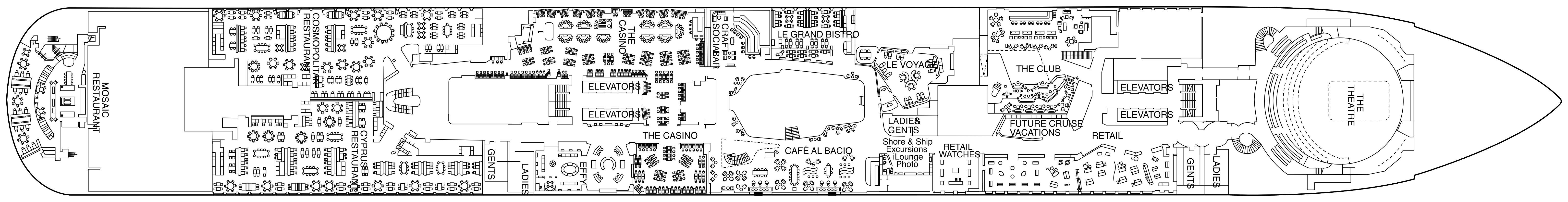 Celebrity Xcel, Deck 4: official cabin and venue layout