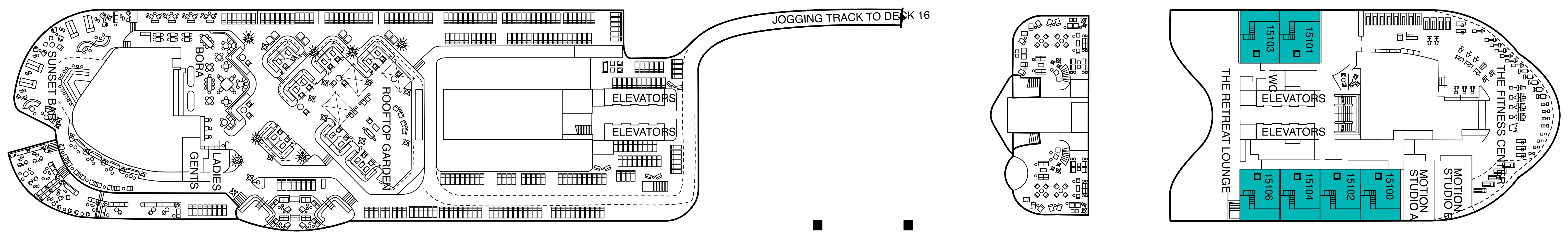 Celebrity Xcel, Deck 15: official cabin and venue layout