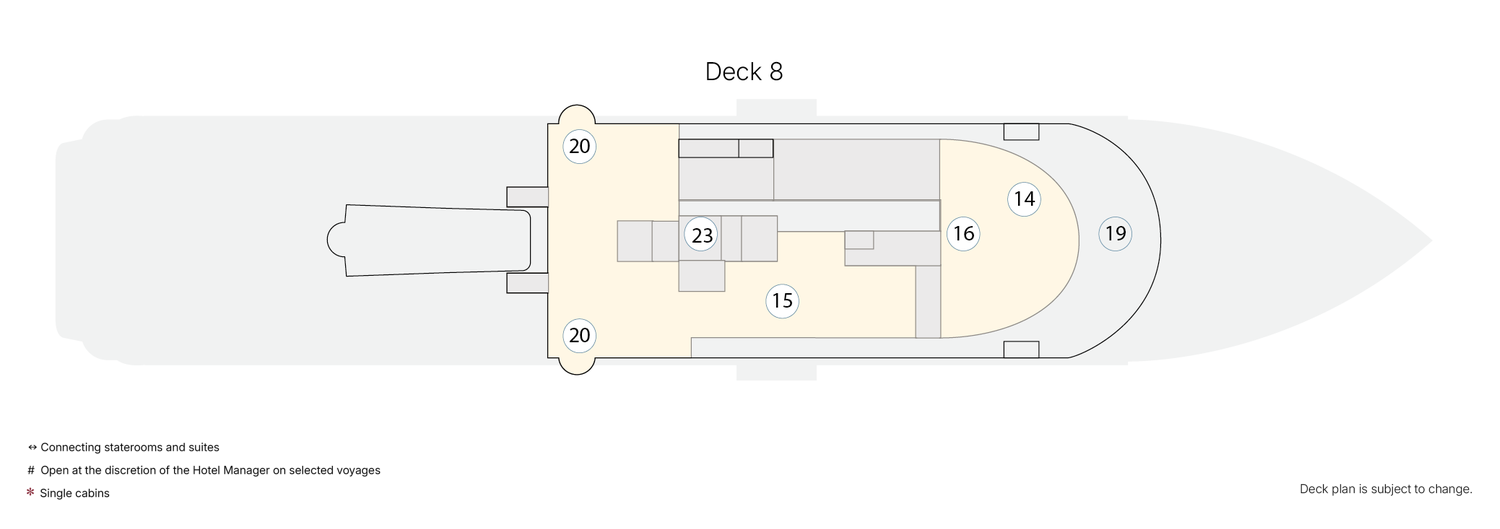Greg Mortimer, Deck 8: official cabin and venue layout