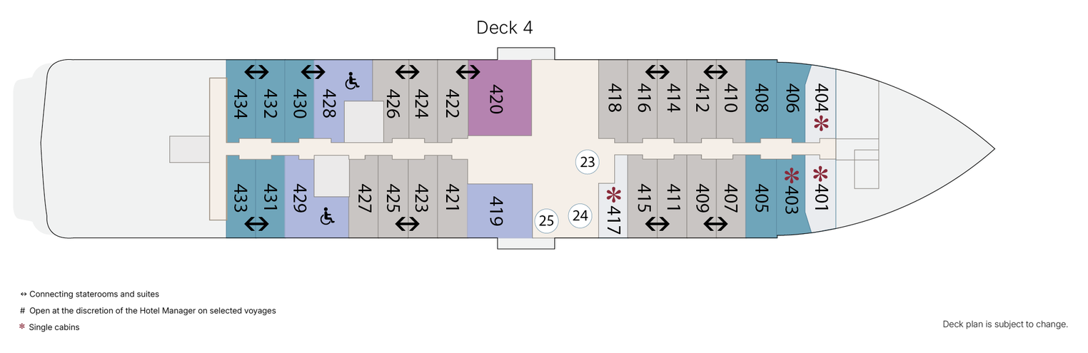 Greg Mortimer, Deck 4: official cabin and venue layout